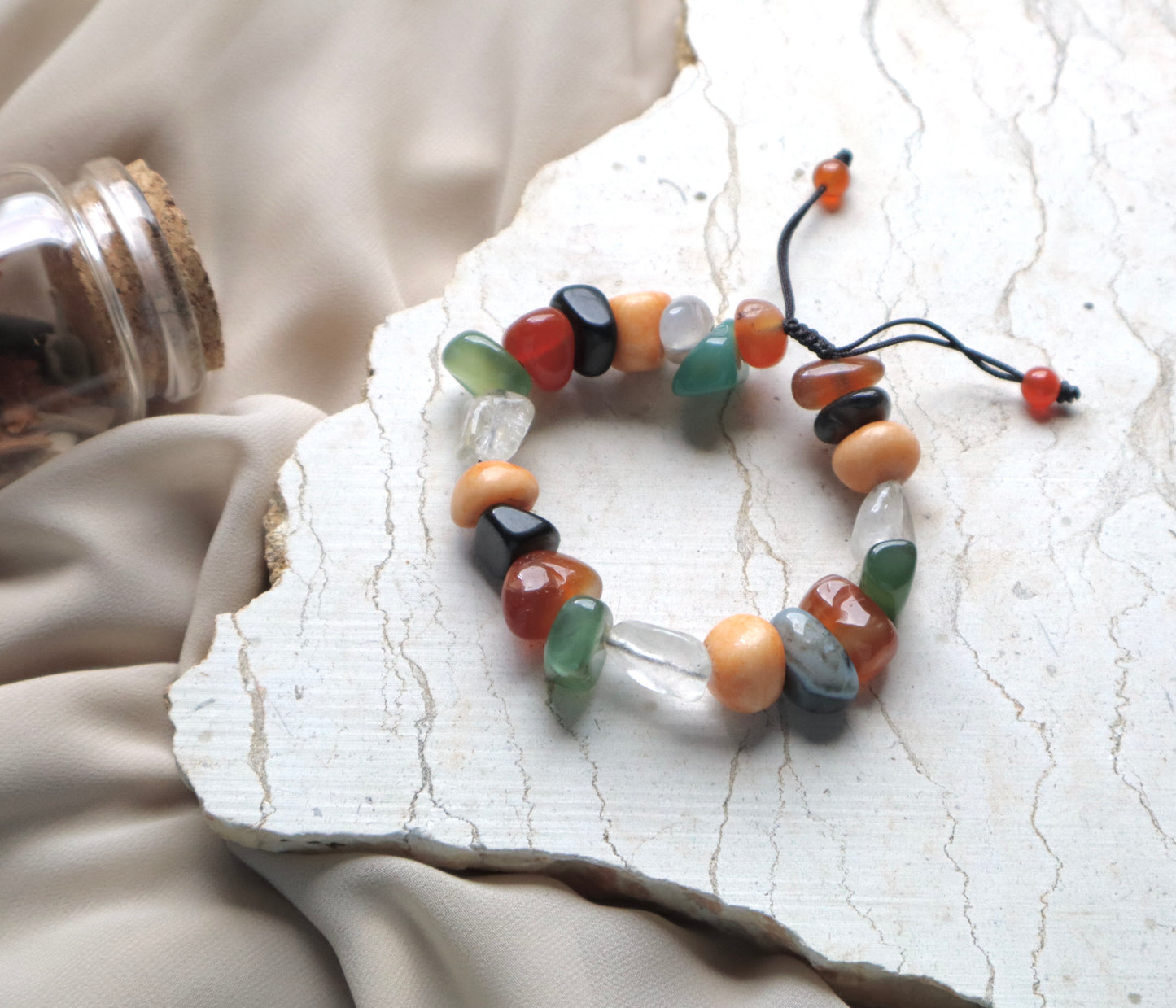 Black & Green Agate, Carnelian, Yellow Jasper, & Clear Quartz Mix Of Breathtaking Stones Bracelet