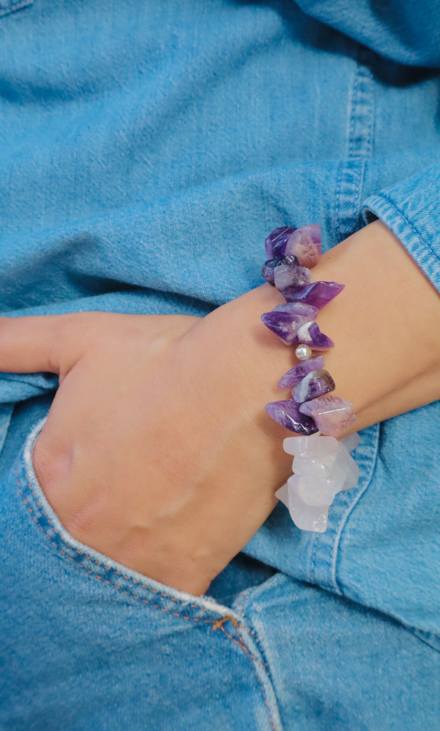 Amethyst & Rose Quartz with Sterling Silver Serenity & Love Bracelet