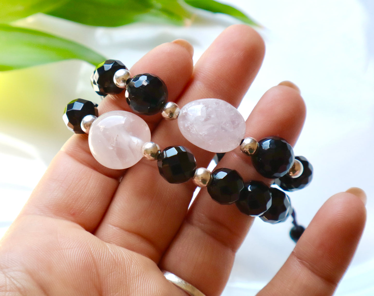 Rose Quartz & Black Onyx with 925 Sterling Silver Protection & Love Bracelets