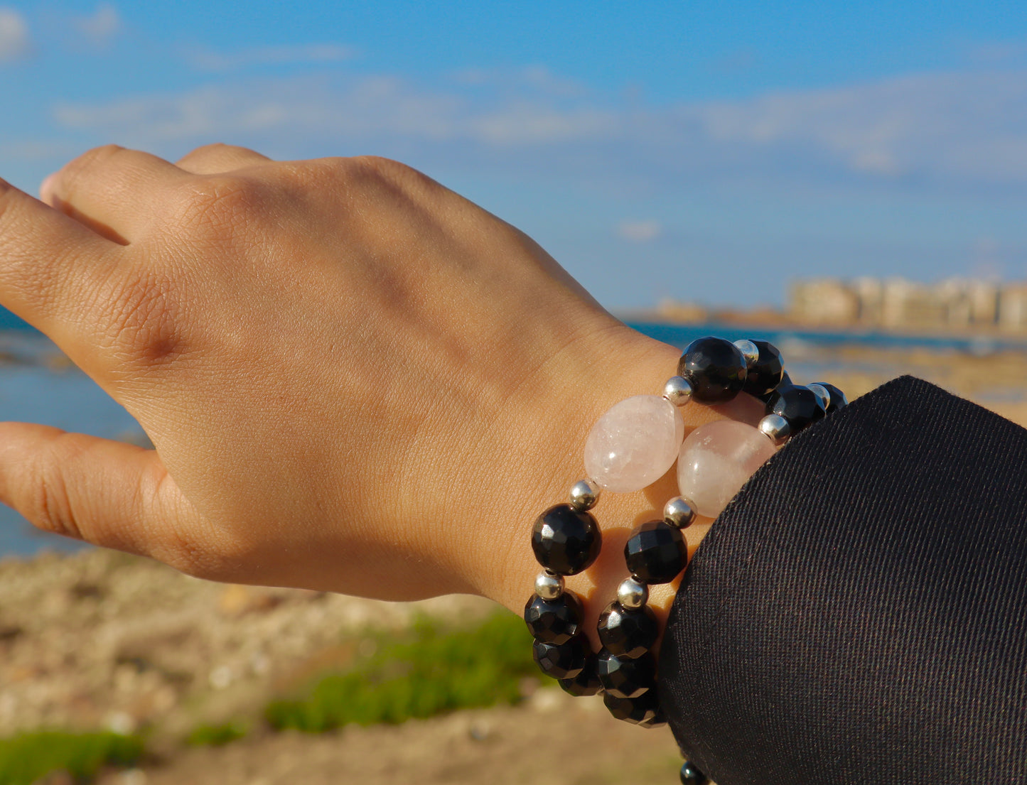 Rose Quartz & Black Onyx with 925 Sterling Silver Protection & Love Bracelets