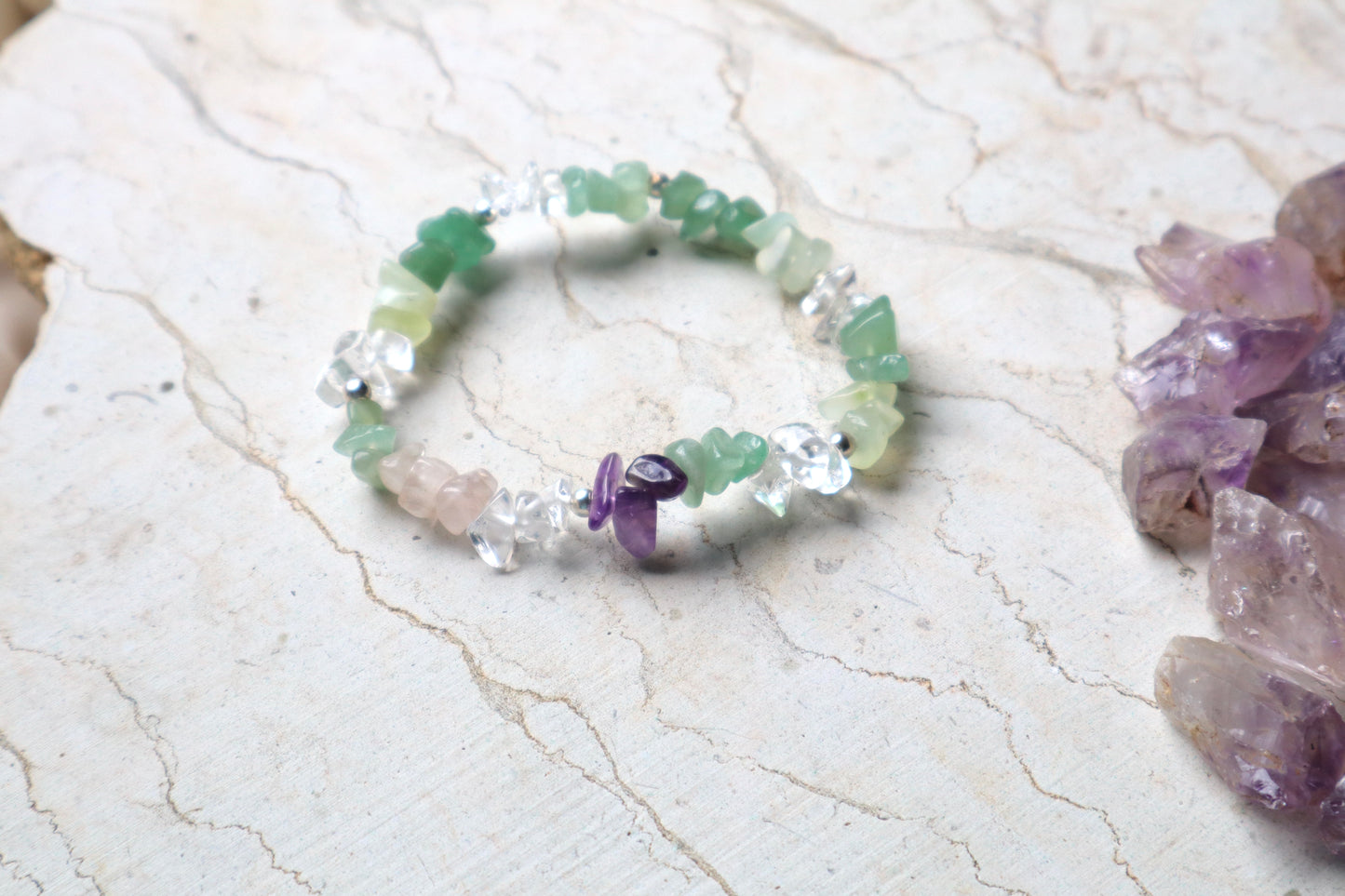 Jade, Rose Quartz, Amethyst, & Clear Quartz with 925 Sterling Silver Fresh, Everyday Bracelet