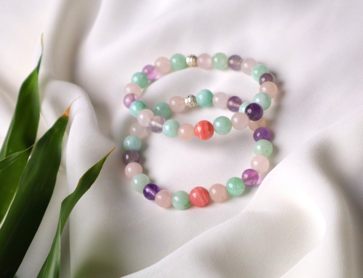 Natural Rose Quartz, Amethyst,Rhodochrosite, and Aquamarine Love & Serenity Bracelet
