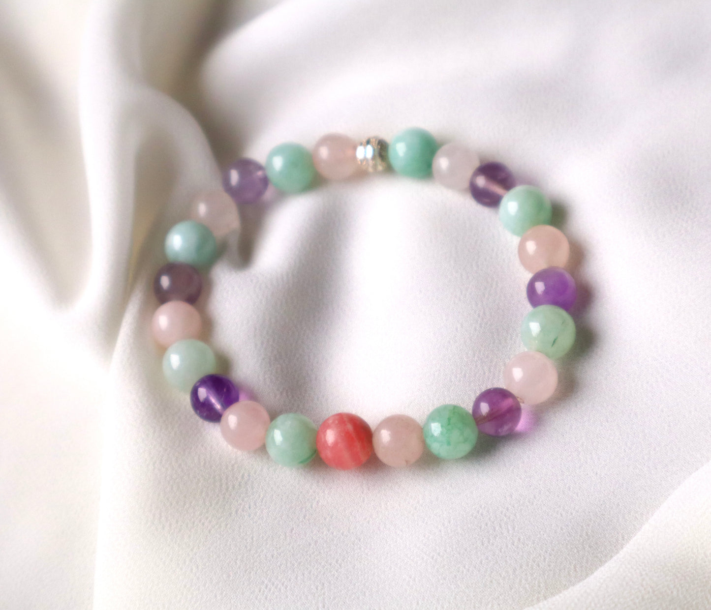 Natural Rose Quartz, Amethyst,Rhodochrosite, and Aquamarine Love & Serenity Bracelet
