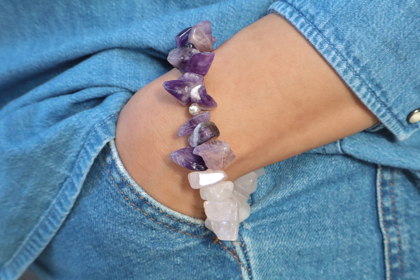Amethyst & Rose Quartz with Sterling Silver Serenity & Love Bracelet