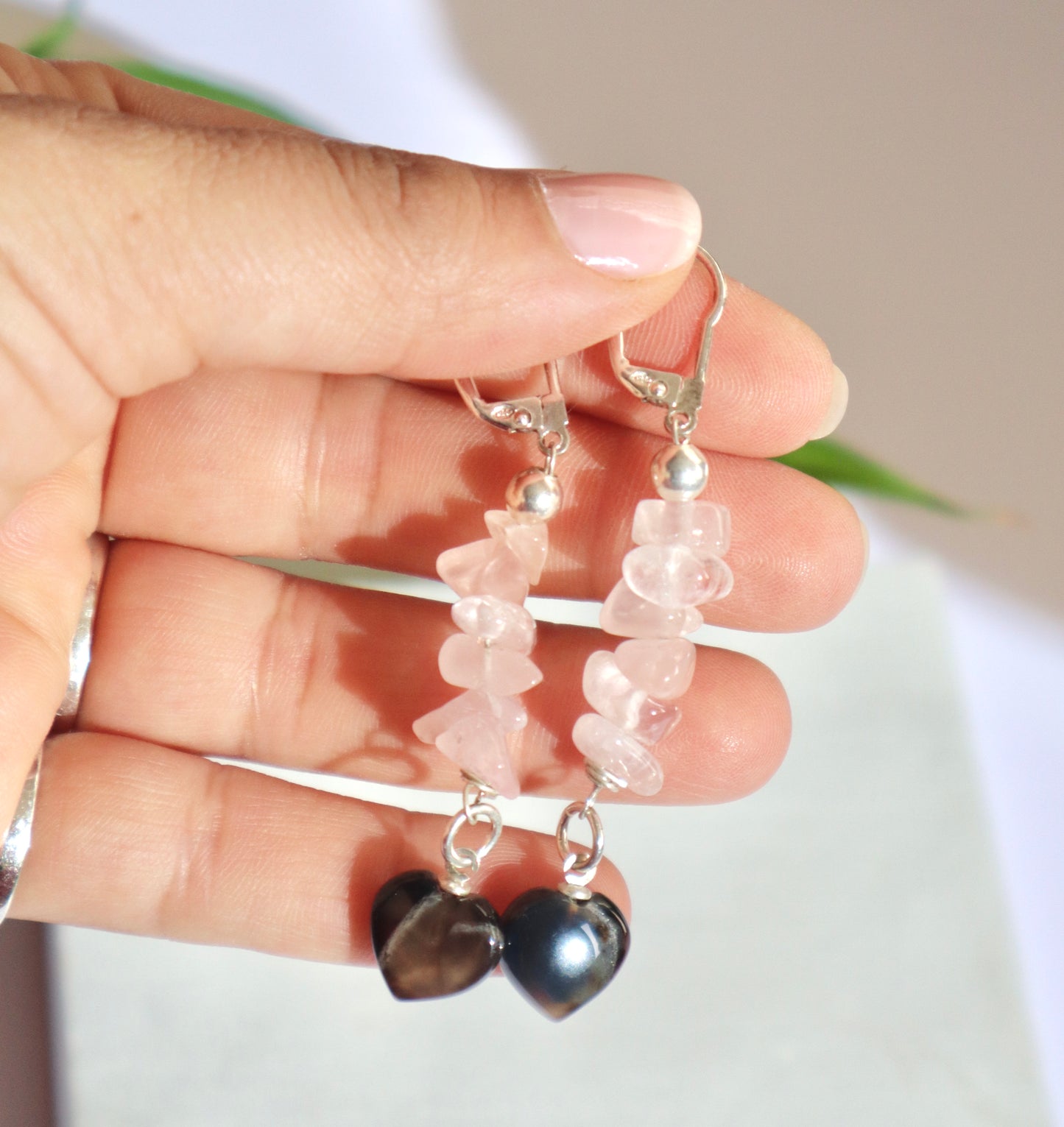 Smoky Quartz & Rose Quartz Stones Combination with 925 Sterling Silver Earrings