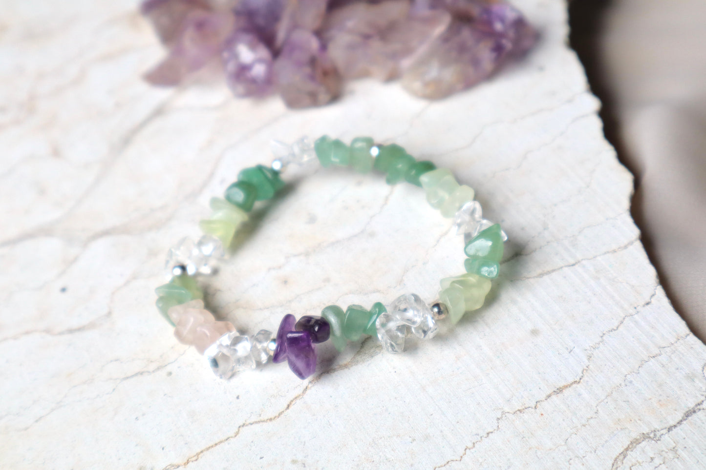 Jade, Rose Quartz, Amethyst, & Clear Quartz with 925 Sterling Silver Fresh, Everyday Bracelet