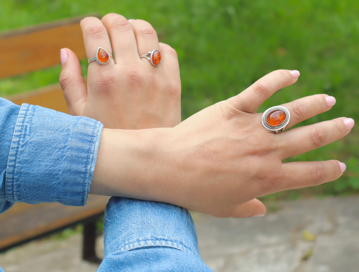 Amber with 925 Sterling Silver Ladies Pain Relief Ring