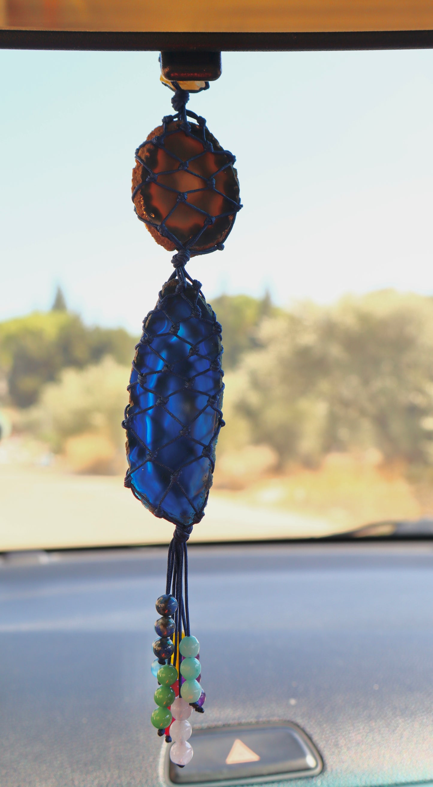 Navy-Blue & Black Agate Slice with Citrine Car's Mirror Charm