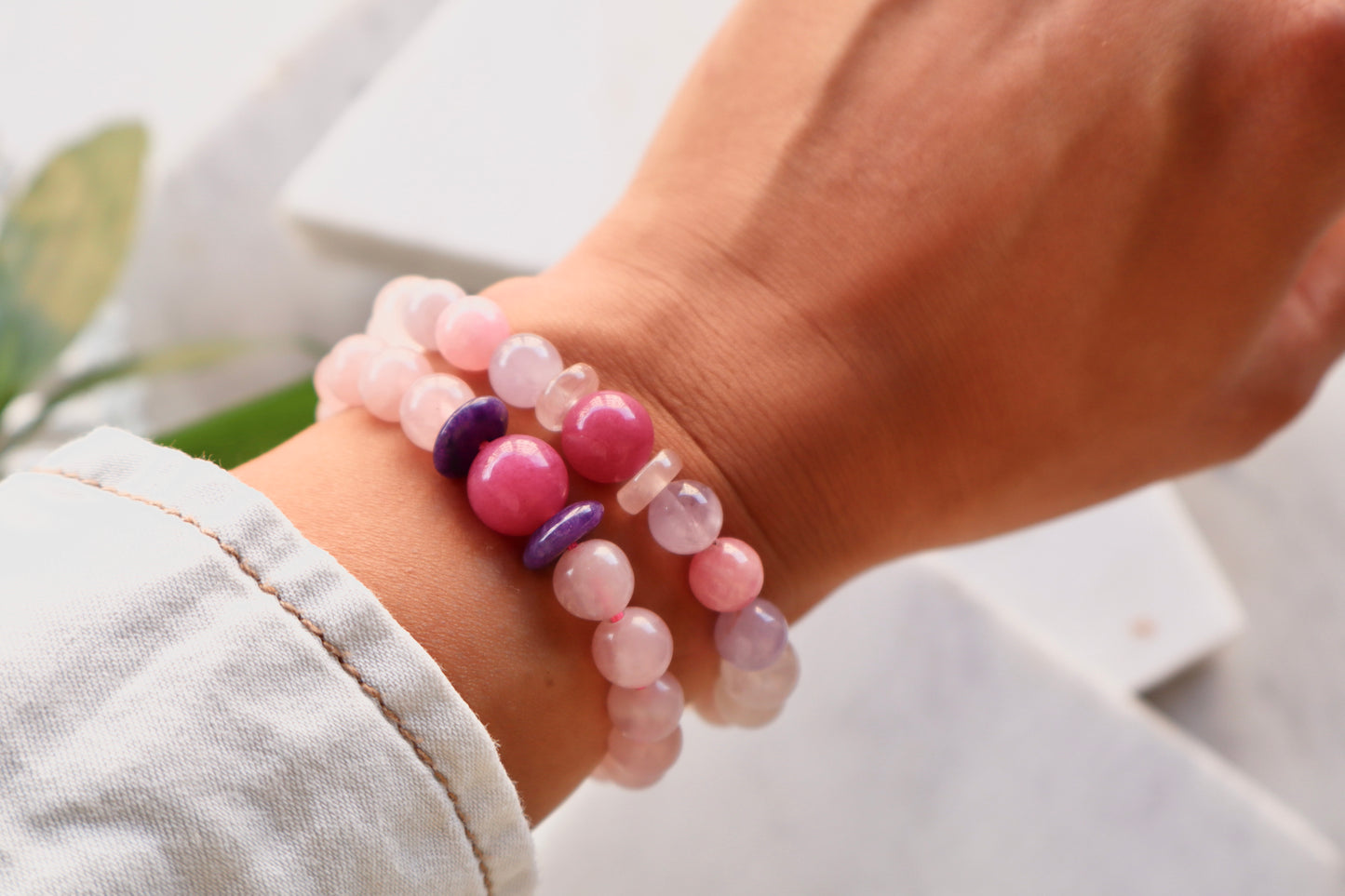Rose Quartz, Amethyst, Purple Agate, Aquamarine, Rhodochrosite, and Pink Jade Supreme Benefits Bracelet