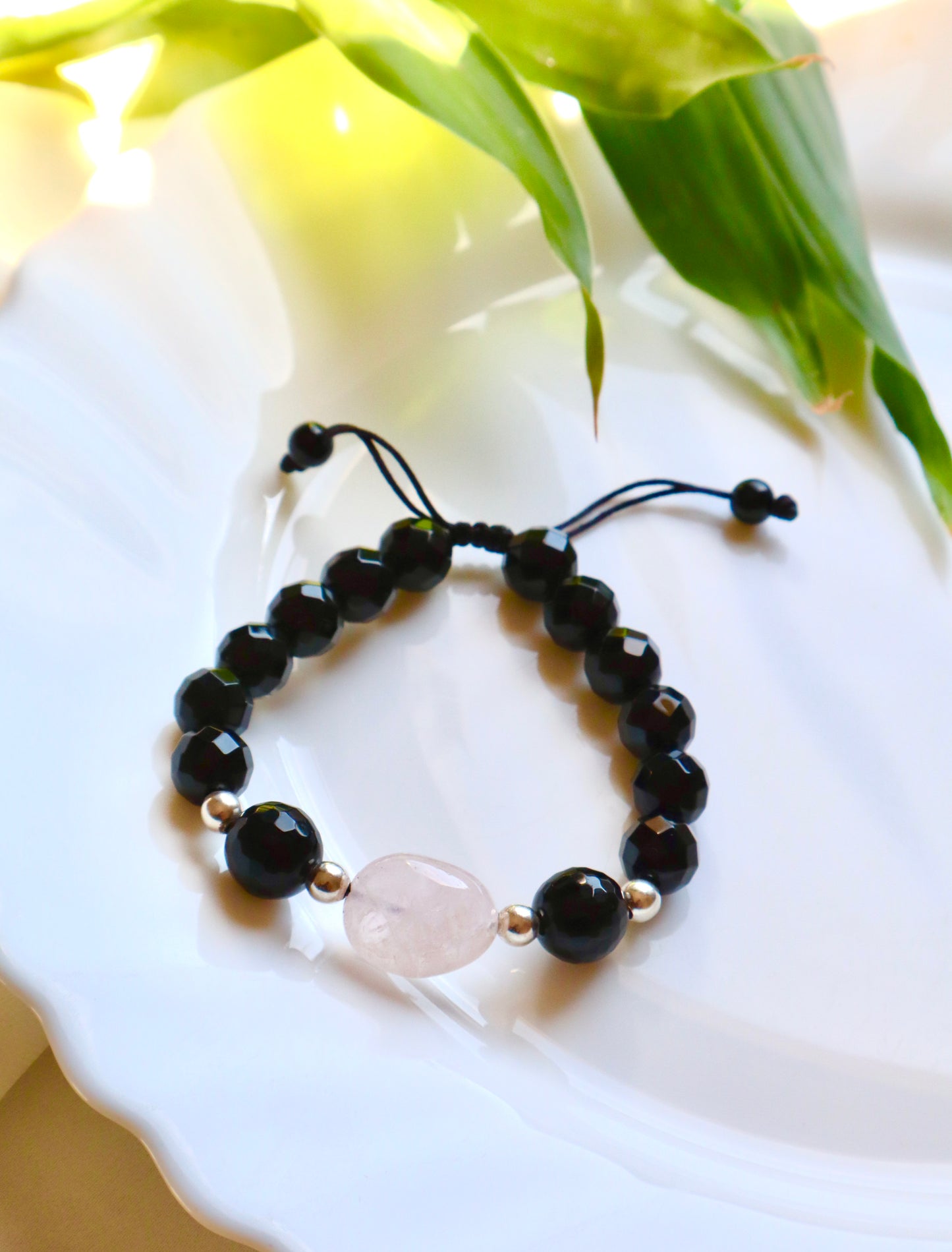Rose Quartz & Black Onyx with 925 Sterling Silver Protection & Love Bracelets