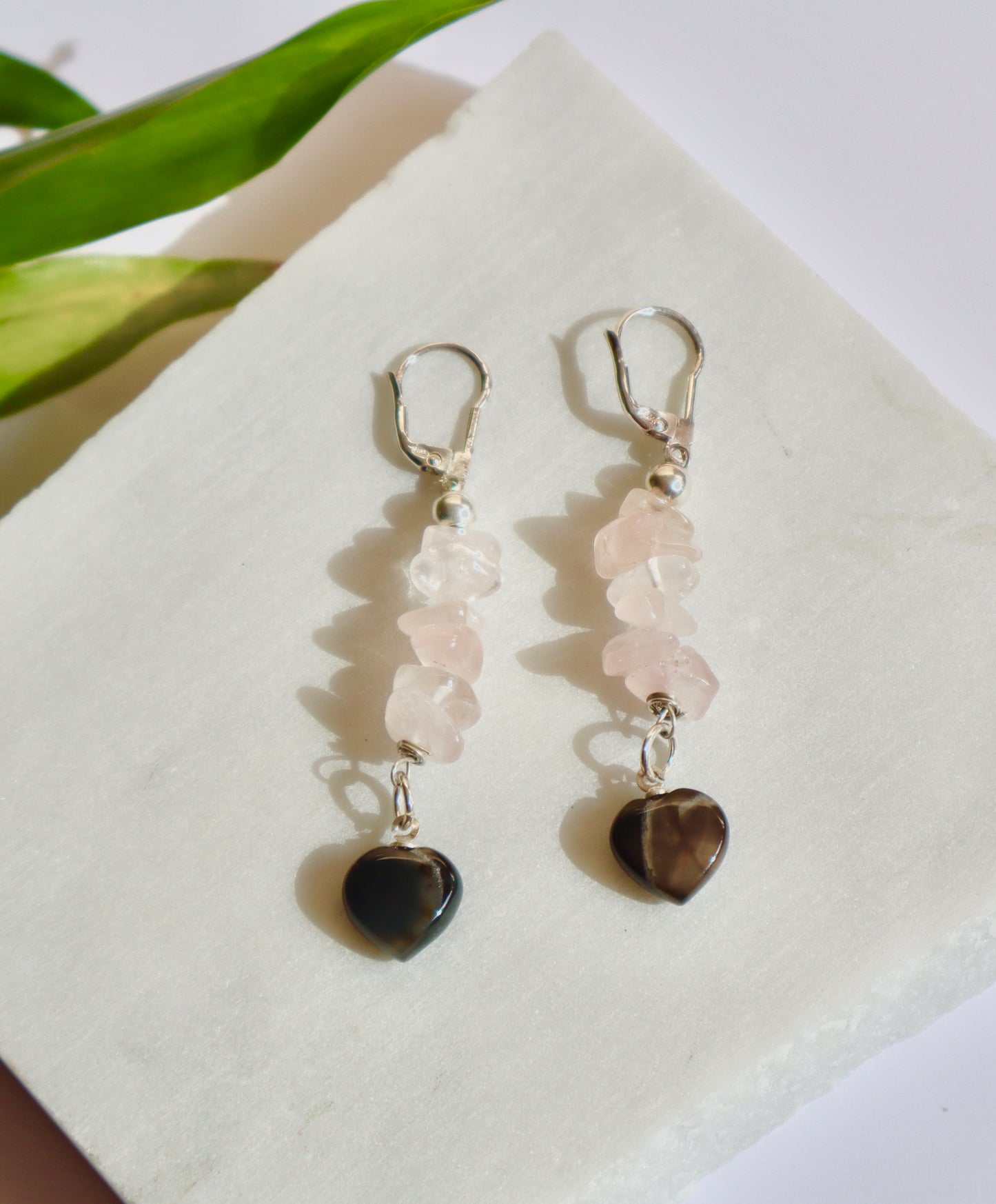 Smoky Quartz & Rose Quartz Stones Combination with 925 Sterling Silver Earrings