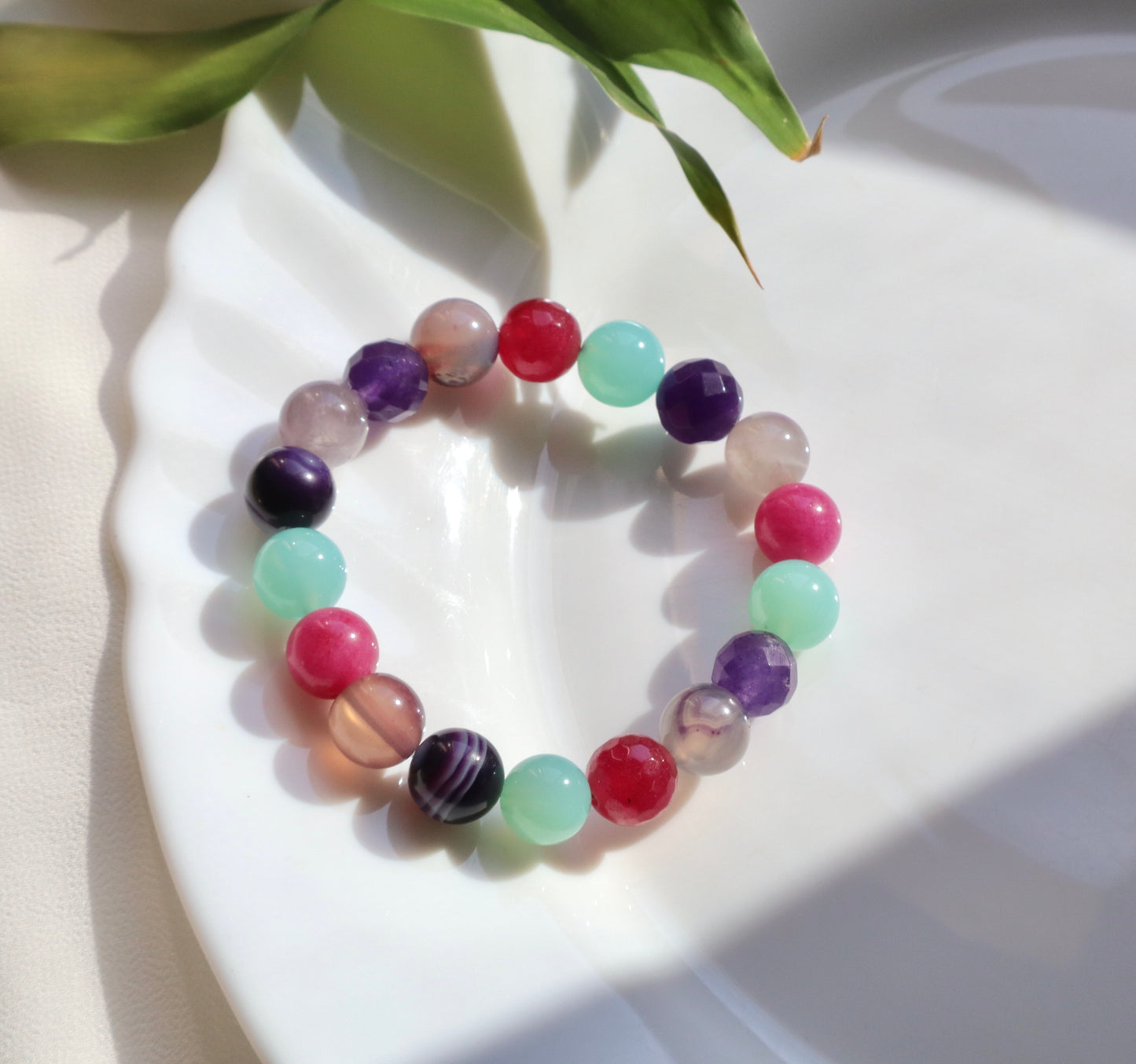 Pink Jade, Rose Quartz, & Colorful Agate Stones Relief Bracelets
