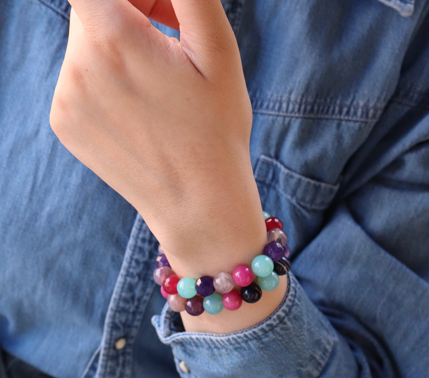 Pink Jade, Rose Quartz, & Colorful Agate Stones Relief Bracelets