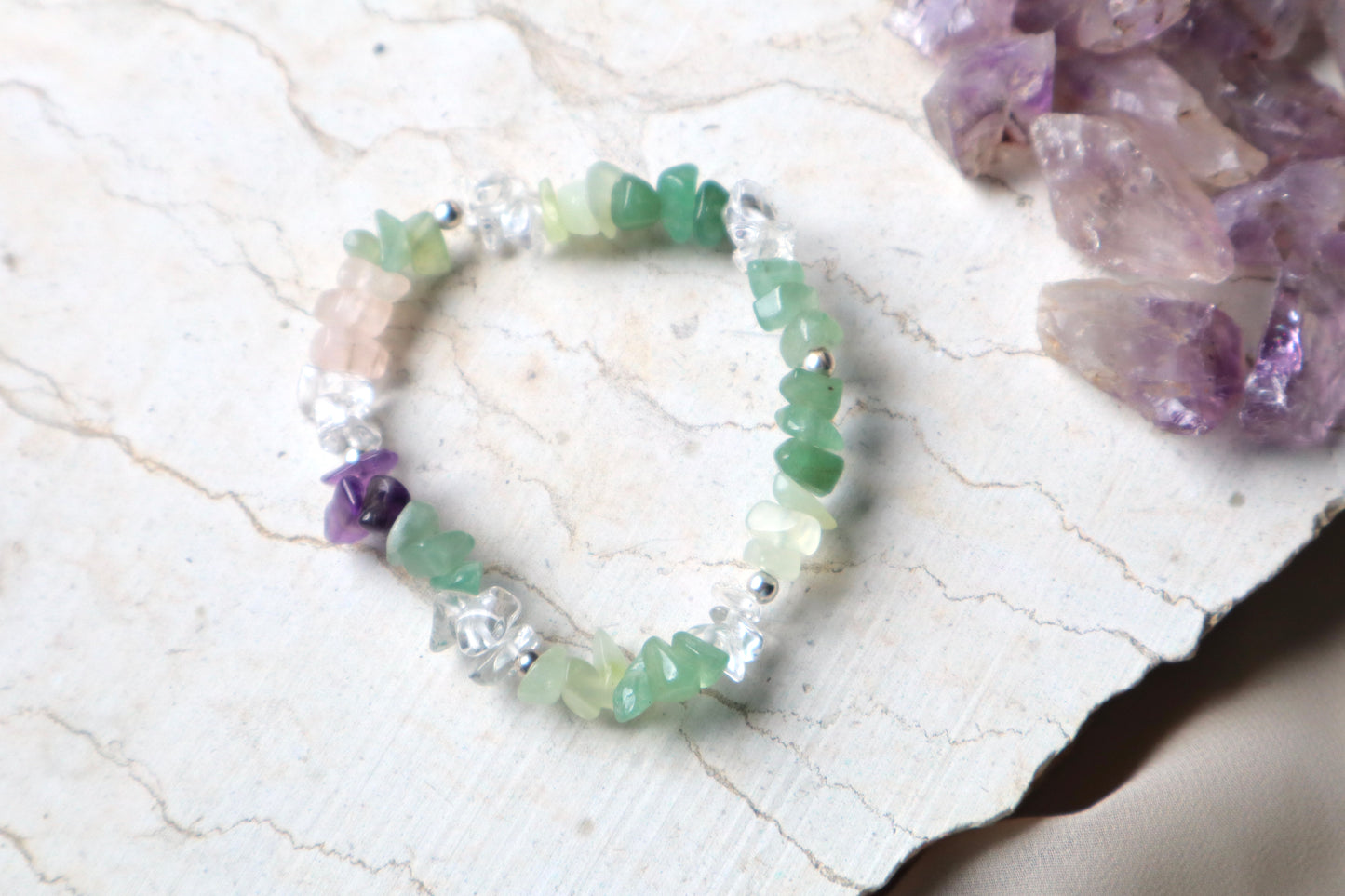 Jade, Rose Quartz, Amethyst, & Clear Quartz with 925 Sterling Silver Fresh, Everyday Bracelet