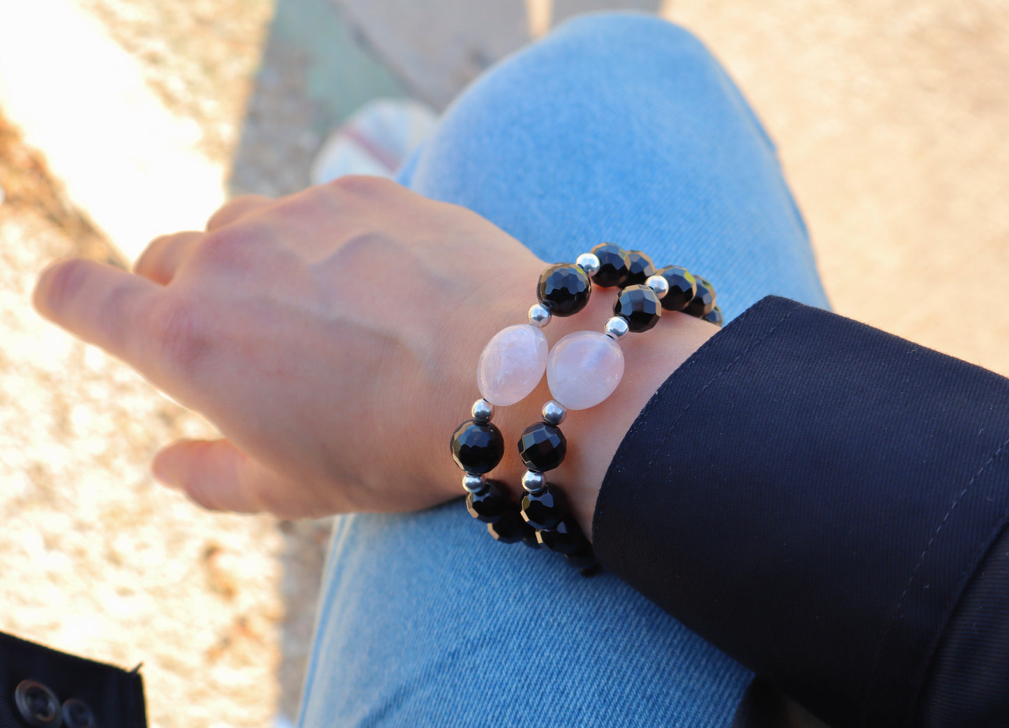 Rose Quartz & Black Onyx with 925 Sterling Silver Protection & Love Bracelets