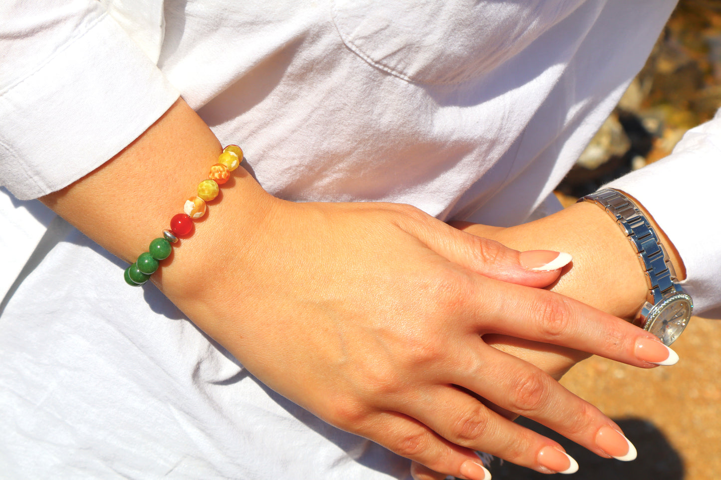 Green Orca Agate, Carnelian, & Green Jade Bracelet
