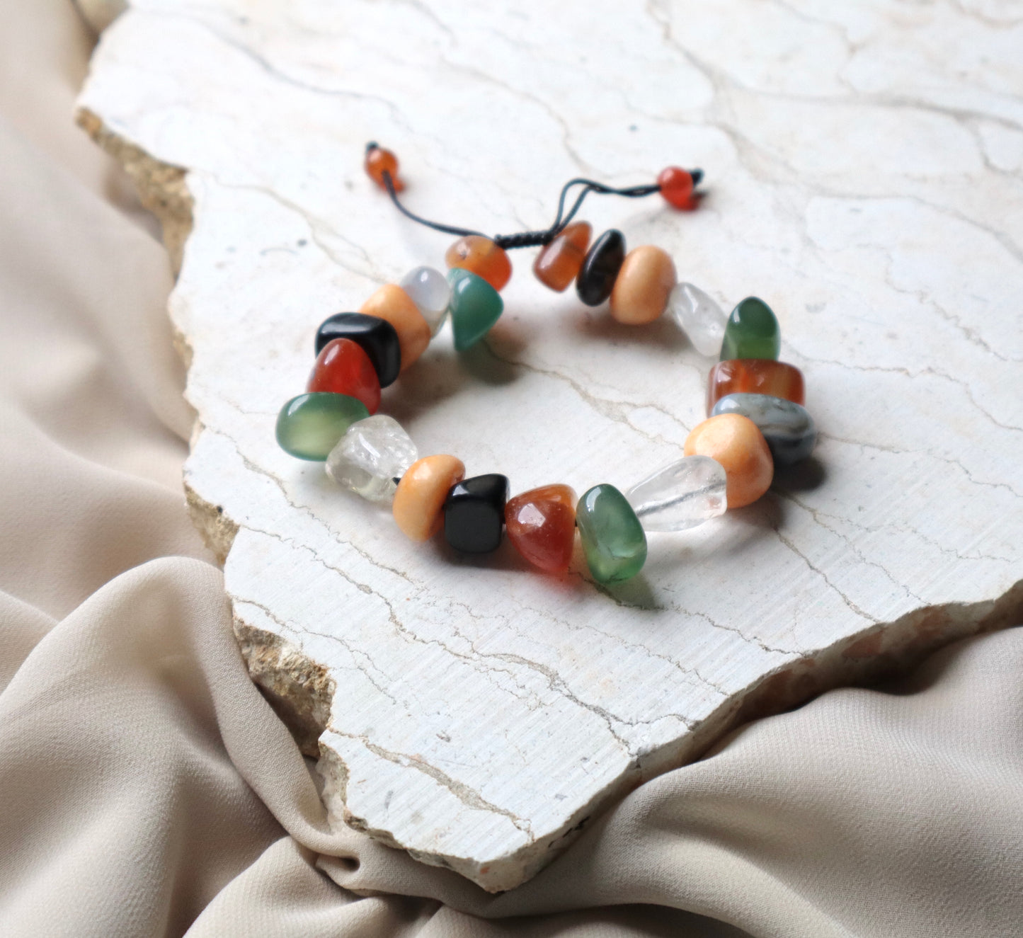 Black & Green Agate, Carnelian, Yellow Jasper, & Clear Quartz Mix Of Breathtaking Stones Bracelet