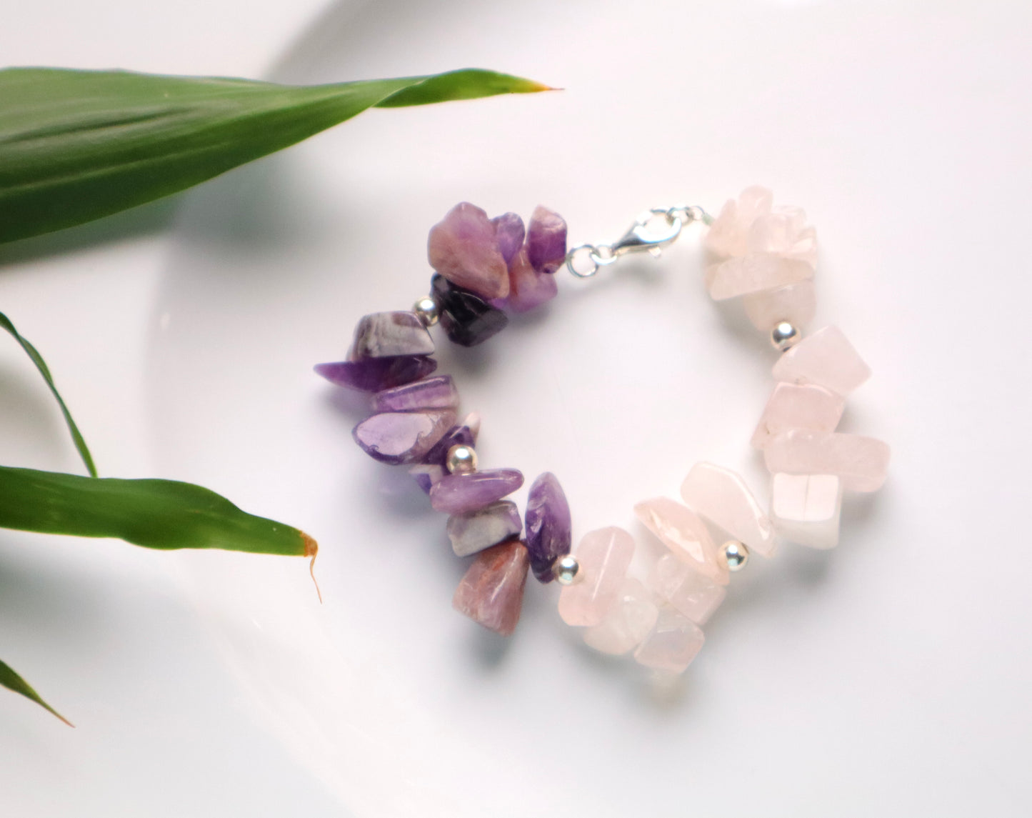 Amethyst & Rose Quartz with Sterling Silver Serenity & Love Bracelet