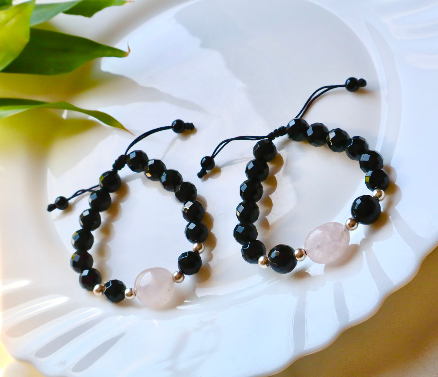 Rose Quartz & Black Onyx with 925 Sterling Silver Protection & Love Bracelets