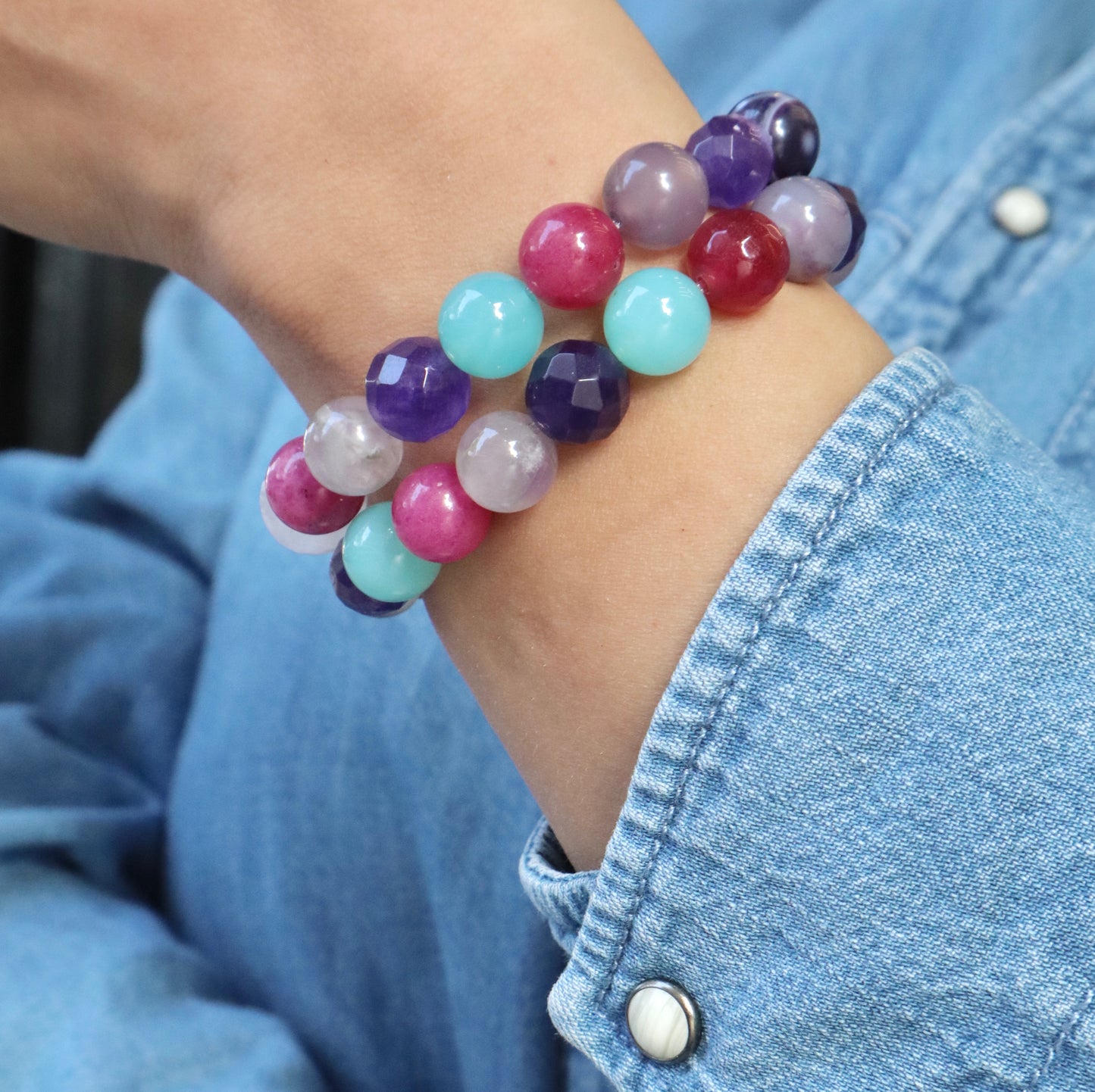 Pink Jade, Rose Quartz, & Colorful Agate Stones Relief Bracelets