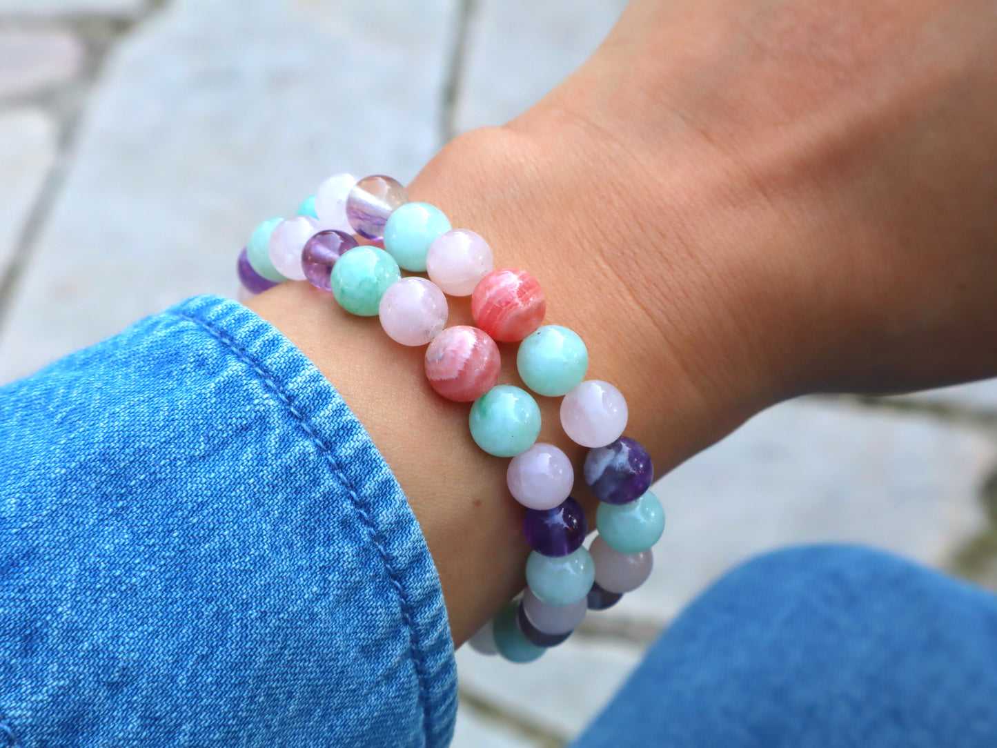Natural Rose Quartz, Amethyst,Rhodochrosite, and Aquamarine Love & Serenity Bracelet