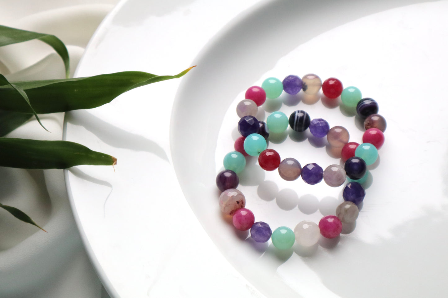 Pink Jade, Rose Quartz, & Colorful Agate Stones Relief Bracelets
