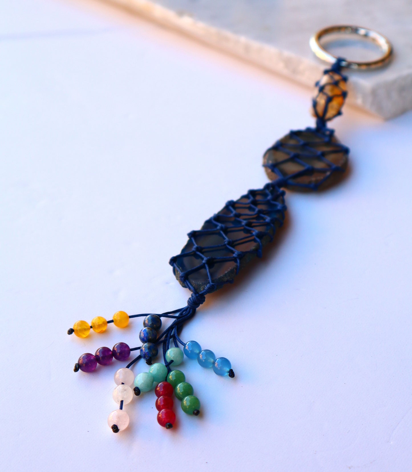 Navy-Blue & Black Agate Slice with Citrine Car's Mirror Charm