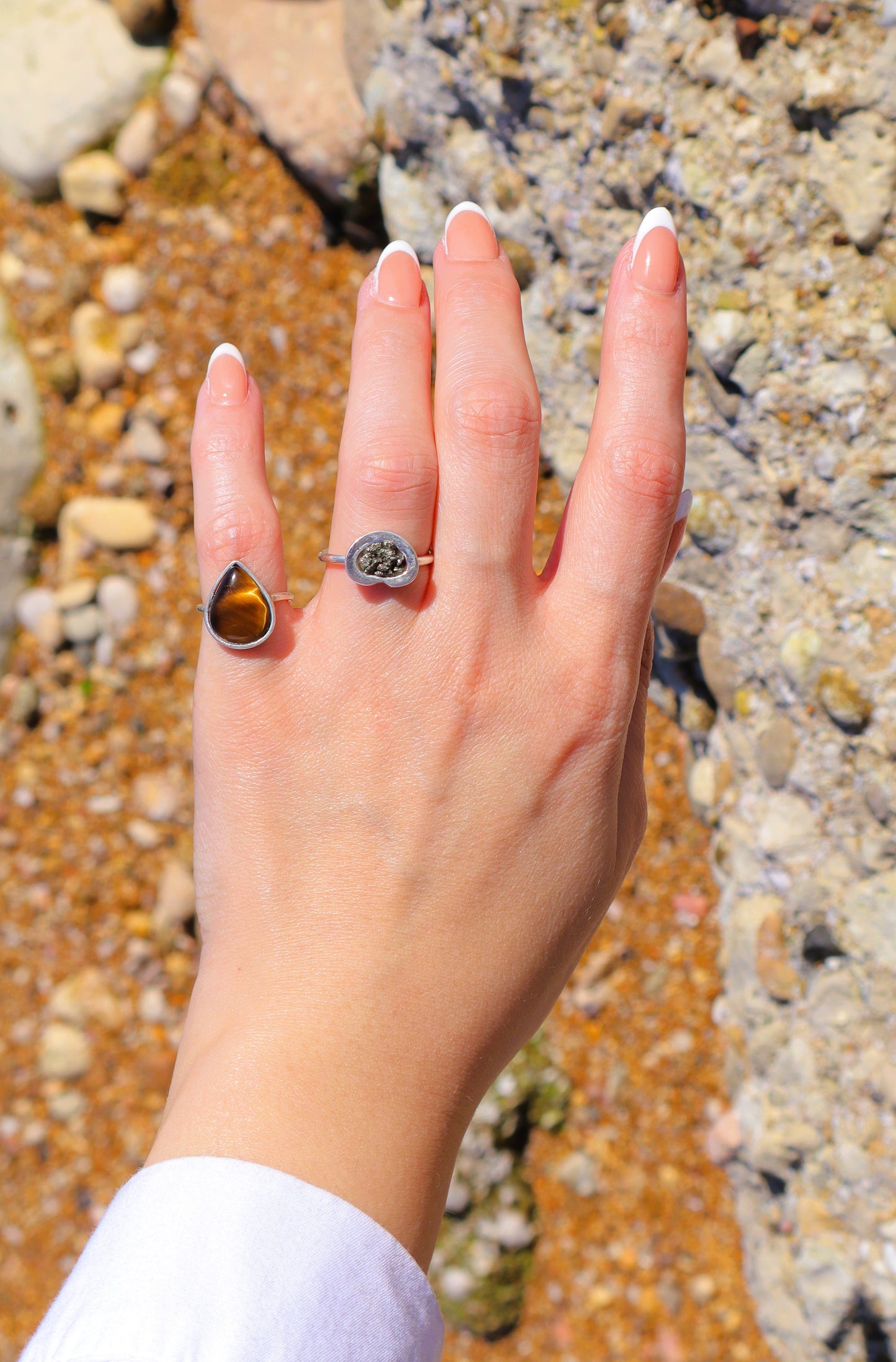 Pyrite & Tiger's Eye with Sterling Silver Rings for Abundance & Positive Energy