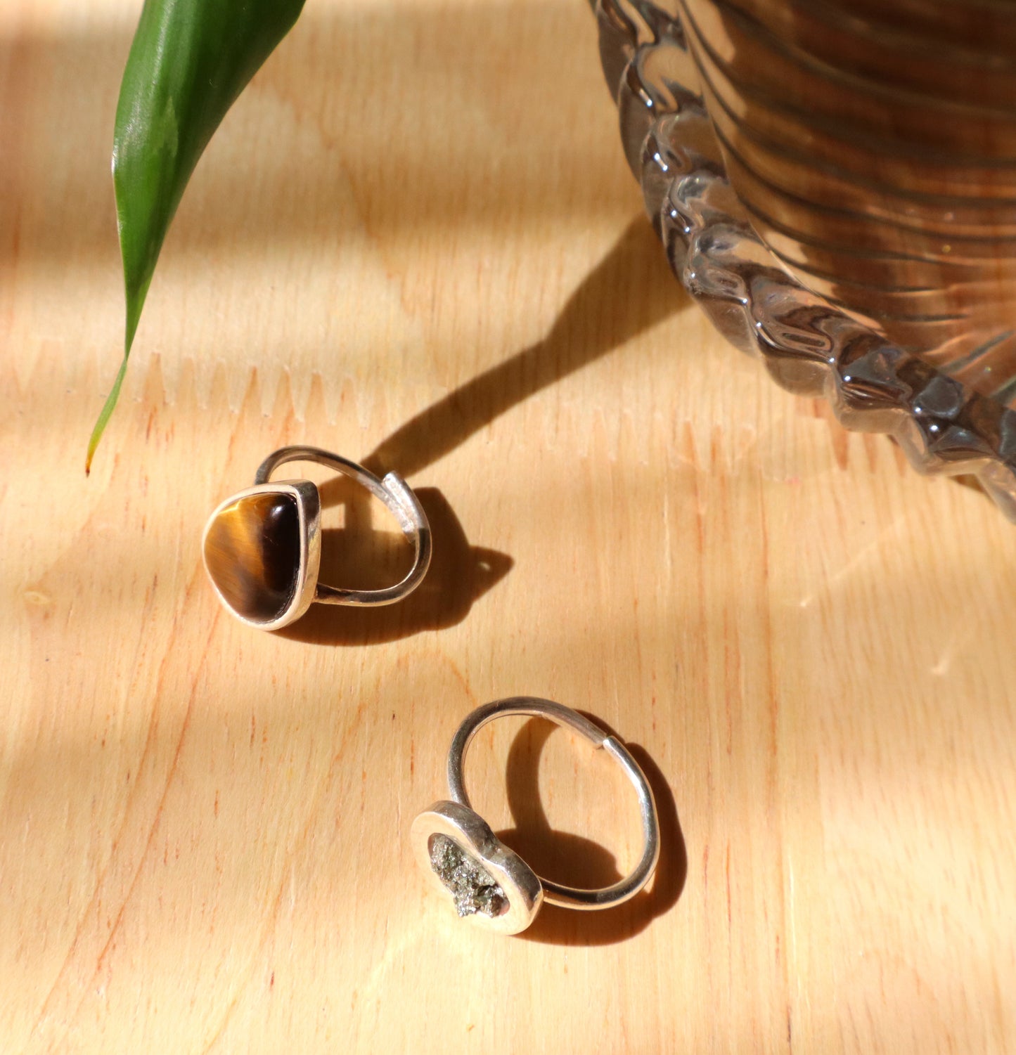 Pyrite & Tiger's Eye with Sterling Silver Rings for Abundance & Positive Energy