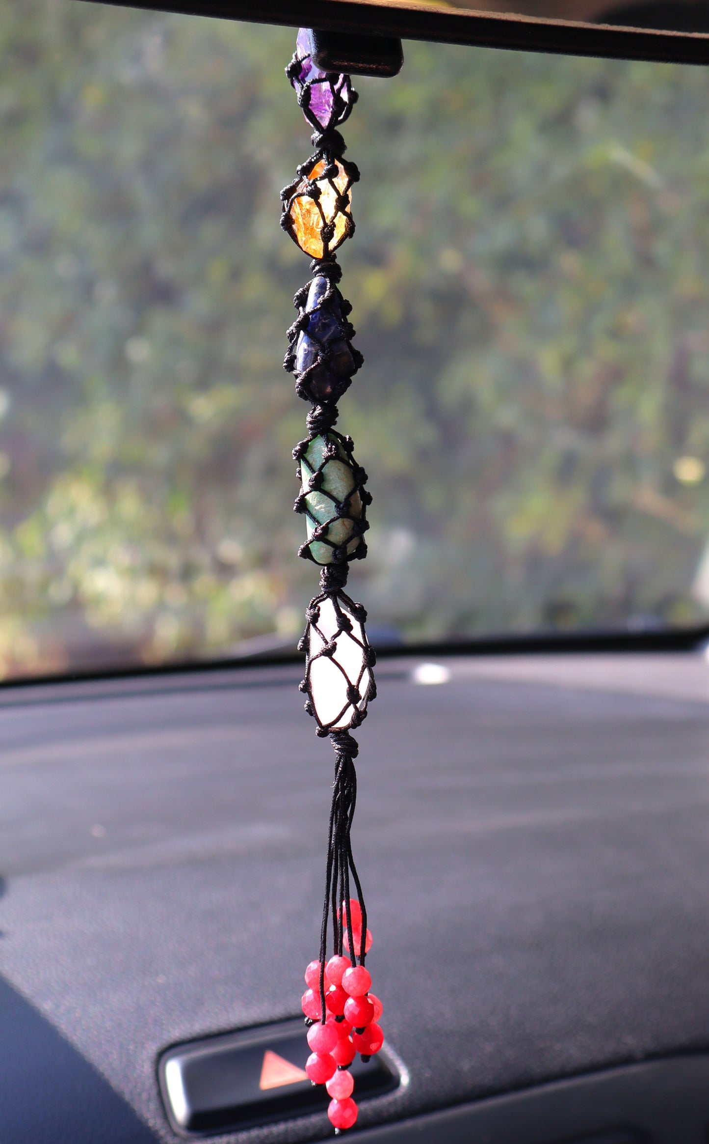 Amethyst & Ruby Gemstones Car Crystal Rear View Mirror Charm For Positive Vibe Journey