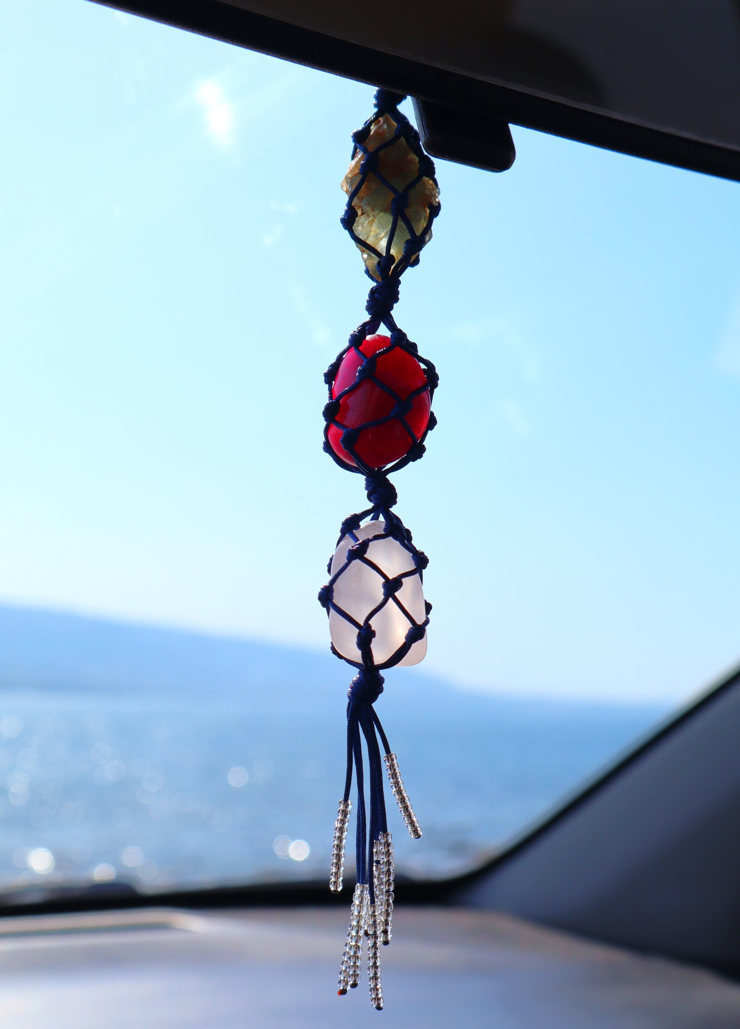 Aquamarine, Ruby, & Rose Quartz Rear Mirror Crystal Charm for Positive Vibes Tours