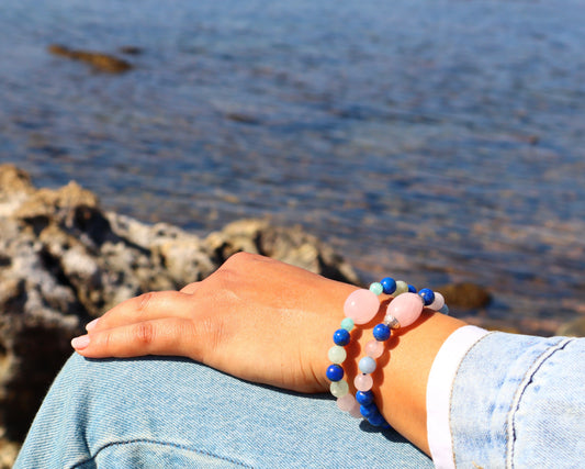 Lapis Lazuli, Rose Quartz, & Aquamarine with 925 Sterling Silver Spacers, for Love , Clear Mind, and Tranquility Bracelets