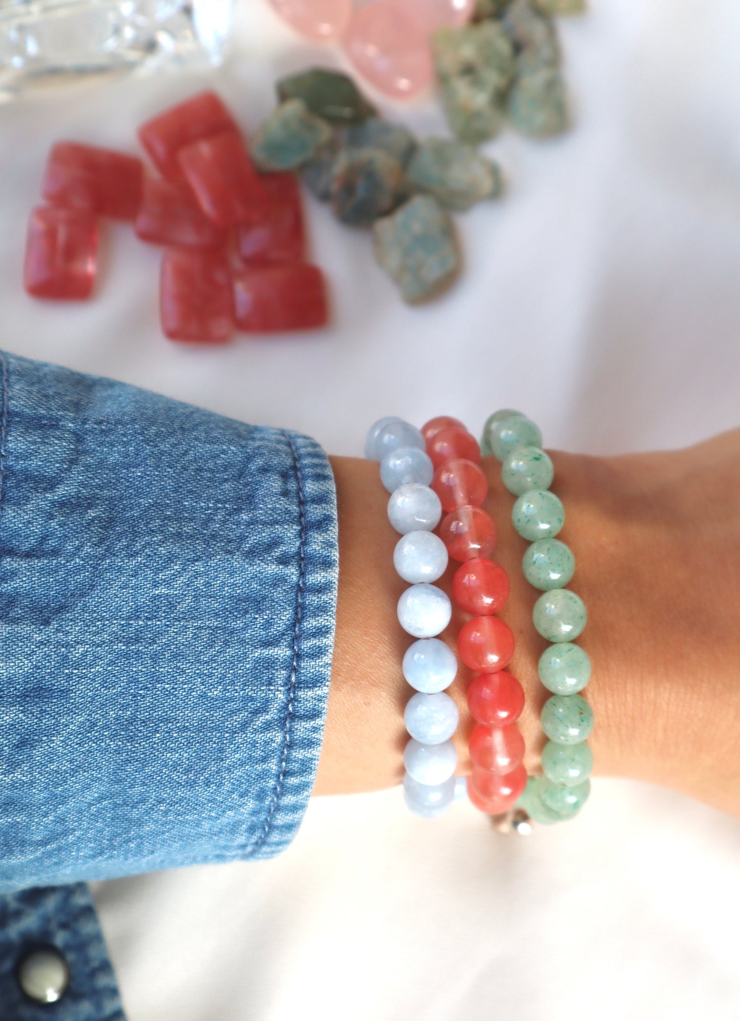 Aquamarine, Jade, & Cherry Rose Quartz Calm, Balance, and Love Triple Bracelet