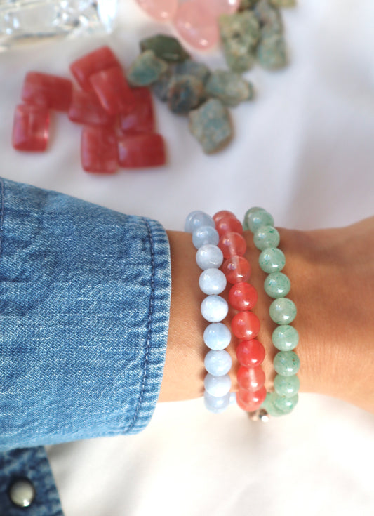 Aquamarine, Jade, & Cherry Rose Quartz Calm, Balance, and Love Triple Bracelet