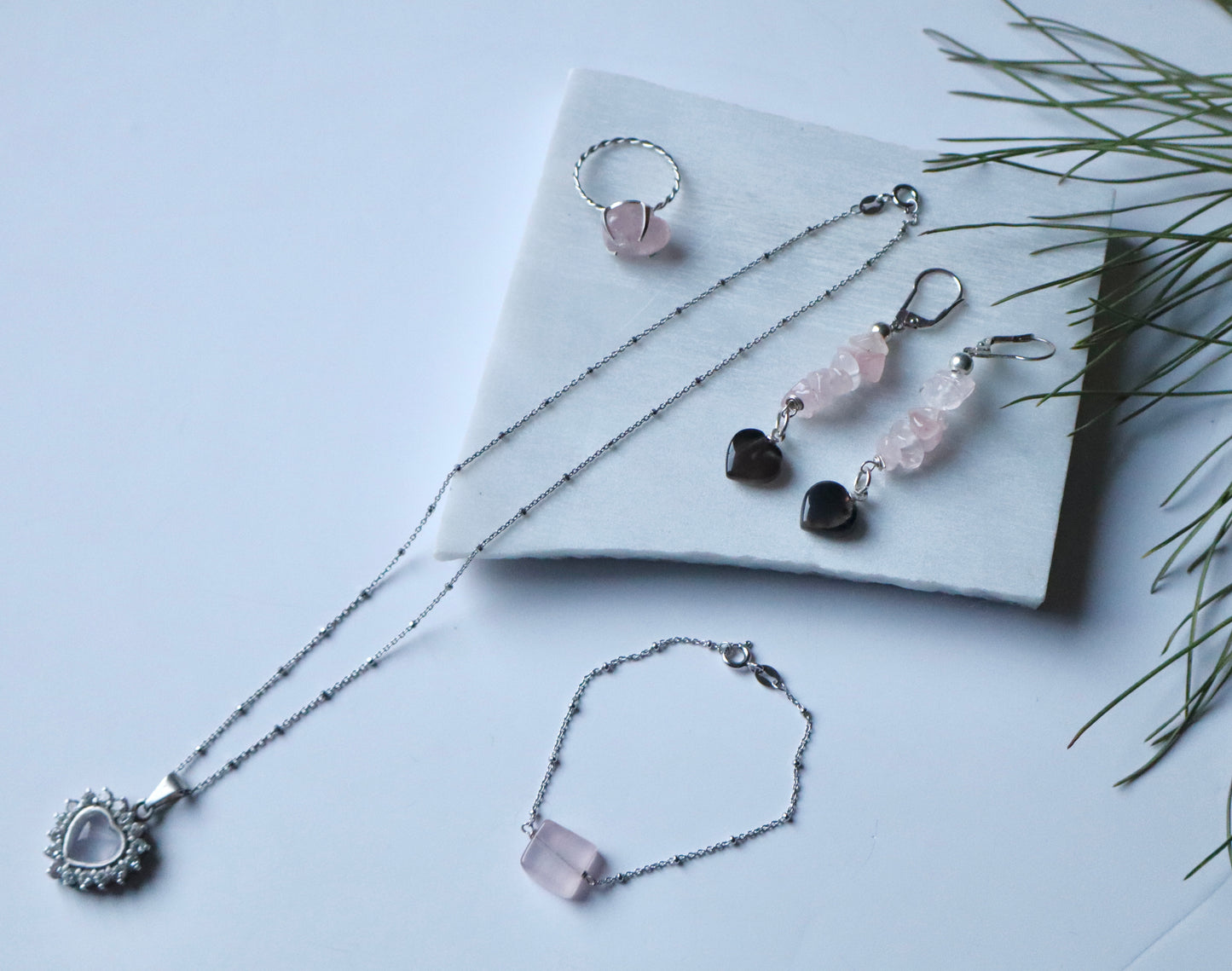 Rose Quartz & Smoky Quartz with 925 Sterling Silver Full Love Set