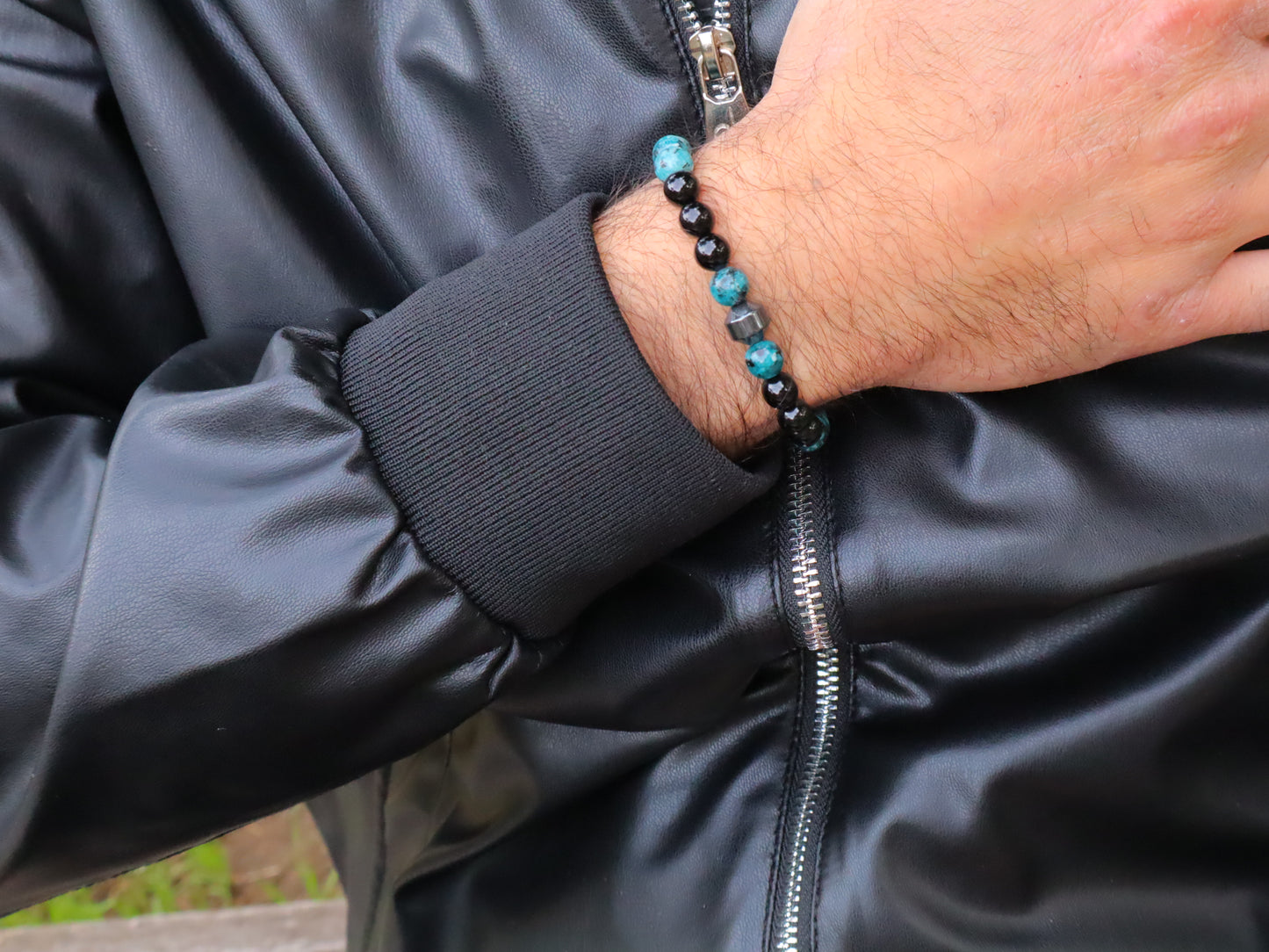 Ocean Blue Feldspar Jasper, Hematite, & Black Onyx Emotional Healing and Balance Men Bracelet