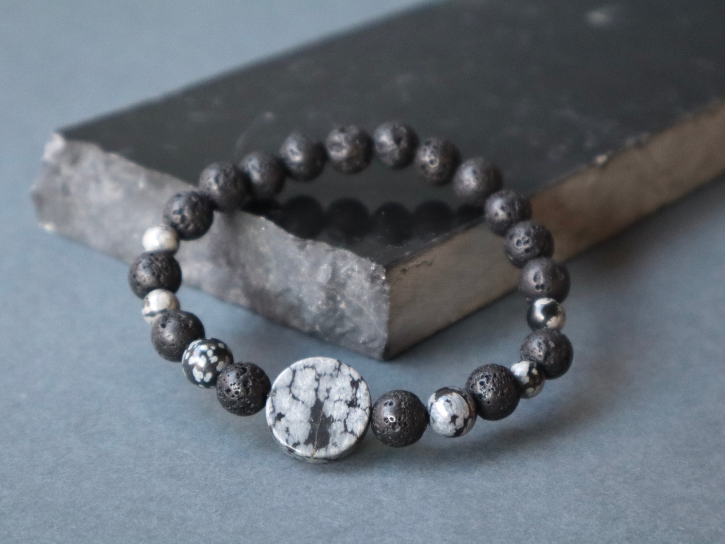 Snowflake Obsidian & Lava Stones Protection & Strength Men Bracelet