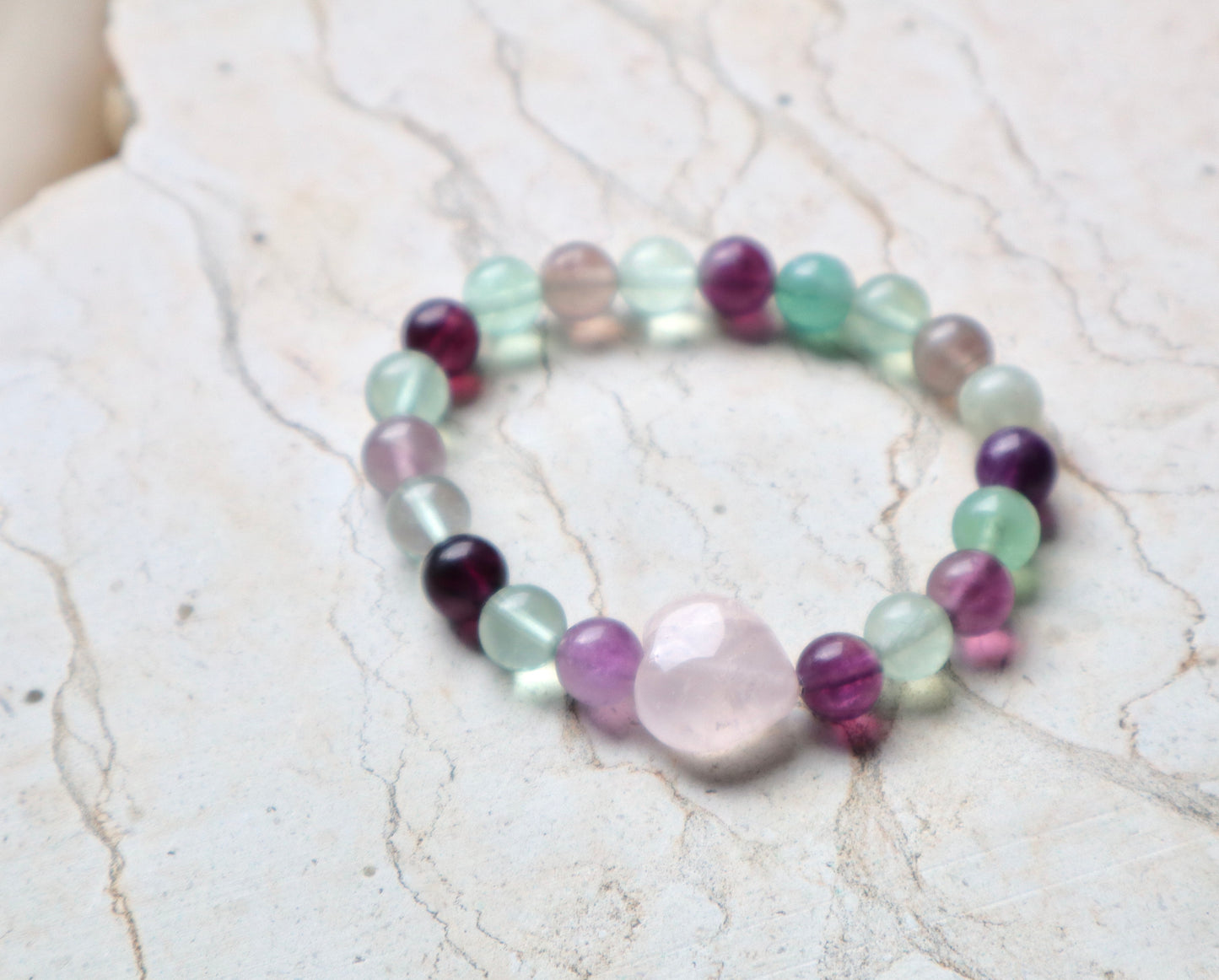 Rose Quartz, Amethyst, Malachite, Flourite, & Clear Quartz Bracelets