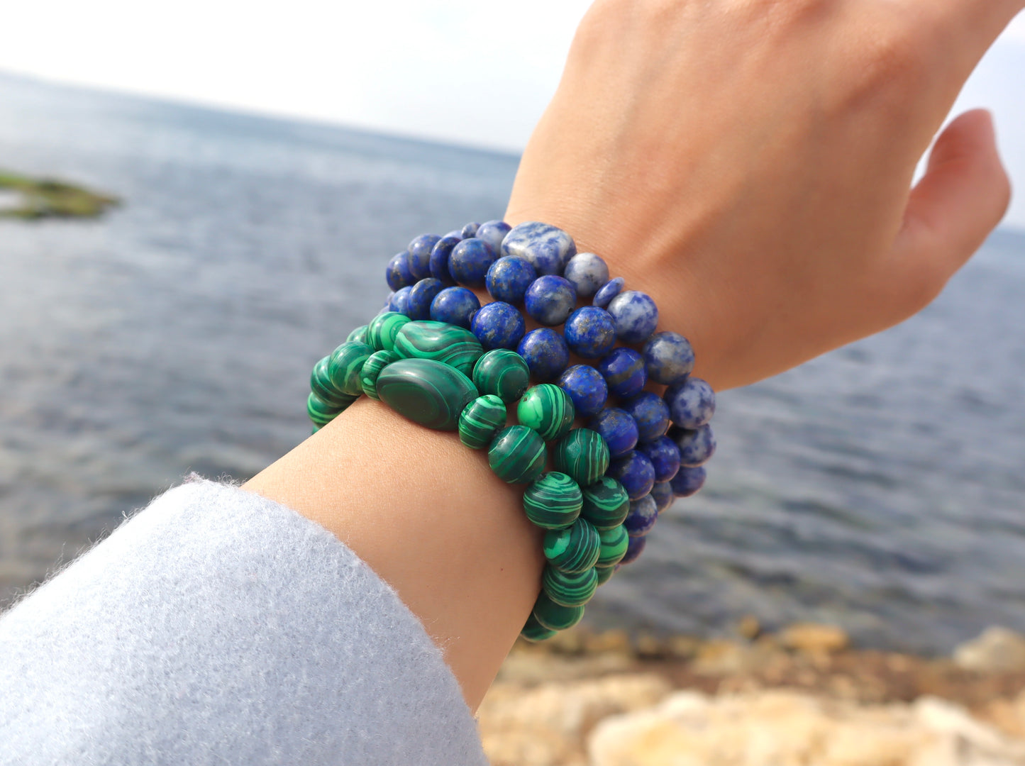 Malachite, Lapis Lazuli, & Sodalite Stacked Set of Bracelets