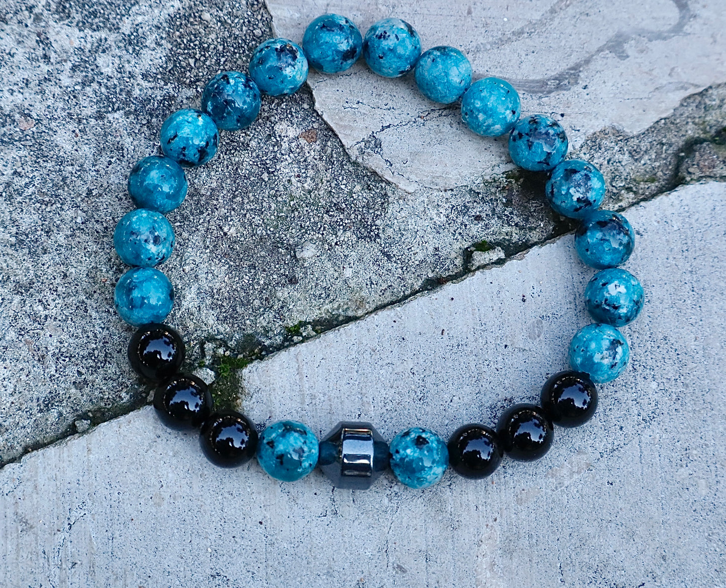 Ocean Blue Feldspar Jasper, Hematite, & Black Onyx Emotional Healing and Balance Men Bracelet