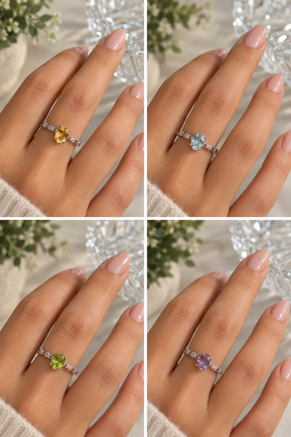 Blue Topaz, Citrine, Amethyst, & Peridot 925 Sterling Silver Adjustable Rings