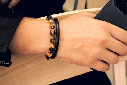 Tiger’s Eye & Brown Leather Courage & Wealth Double Bracelet