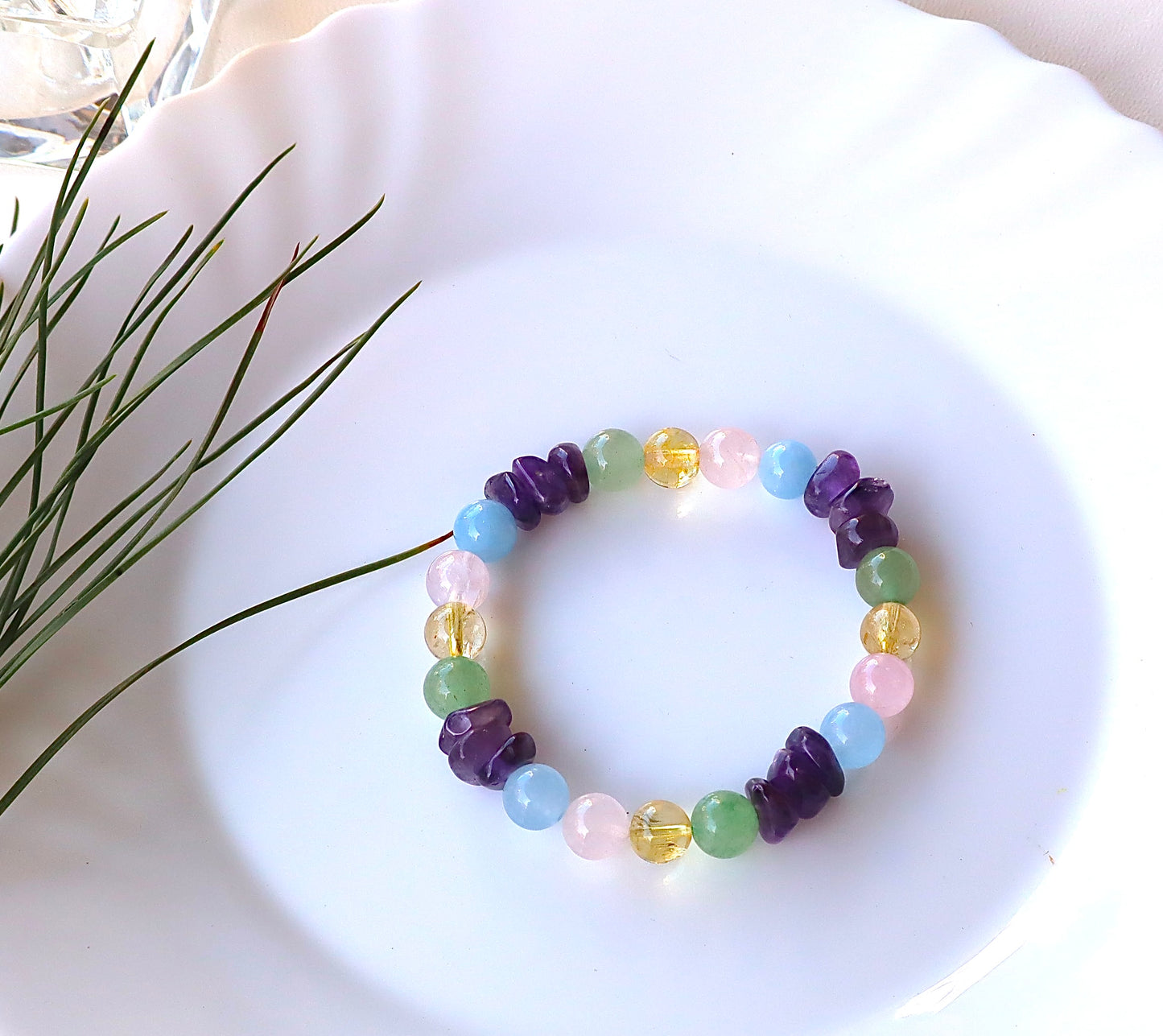Rose Quartz, Amethyst, Aquamarine, Citrine, & Jade Mixed Stones Bracelet