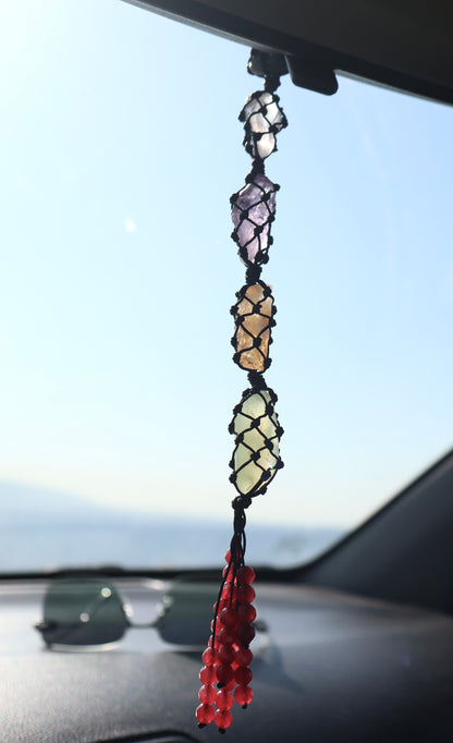 Amethyst & Ruby Gemstones Car Crystal Rear View Mirror Charm For Positive Vibe Journey