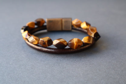 Tiger’s Eye & Brown Leather Courage & Wealth Double Bracelet