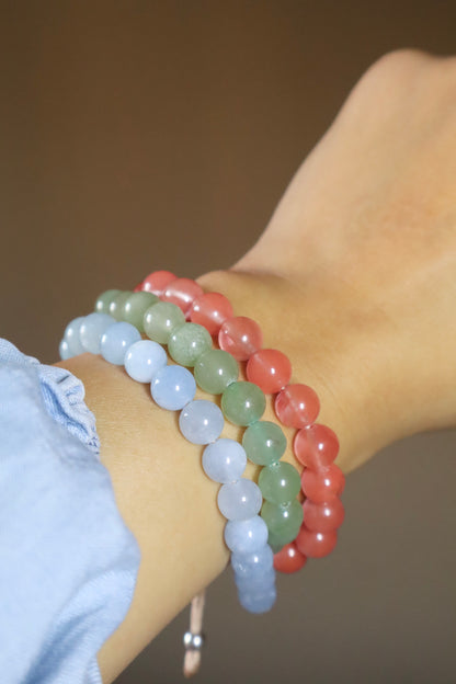 Aquamarine, Jade, & Cherry Rose Quartz Calm, Balance, and Love Triple Bracelet
