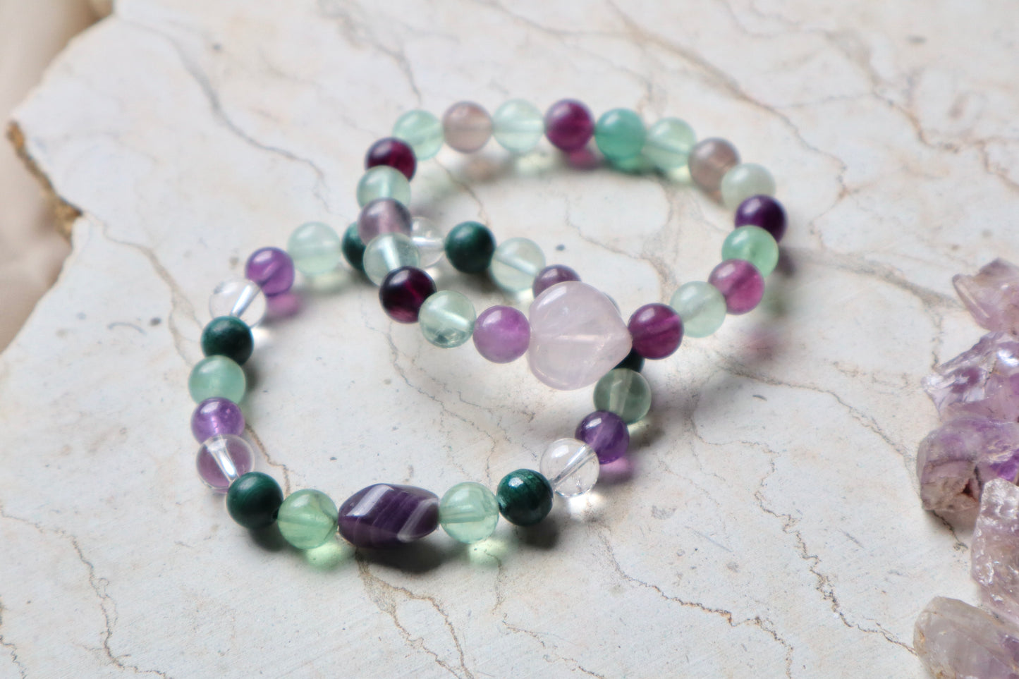 Rose Quartz, Amethyst, Malachite, Flourite, & Clear Quartz Bracelets