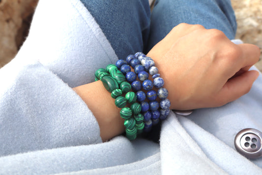 Malachite, Lapis Lazuli, & Sodalite Stacked Set of Bracelets