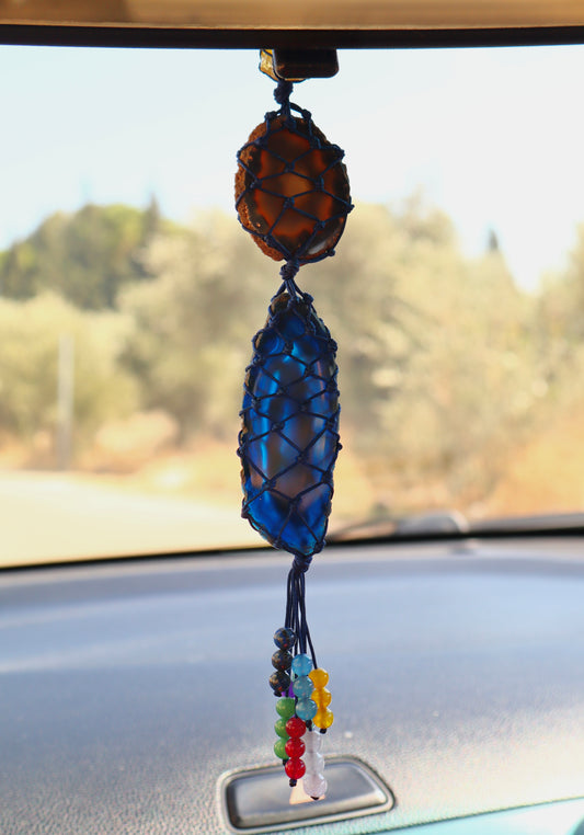 Navy-Blue & Black Agate Slice with Citrine Car's Mirror Charm