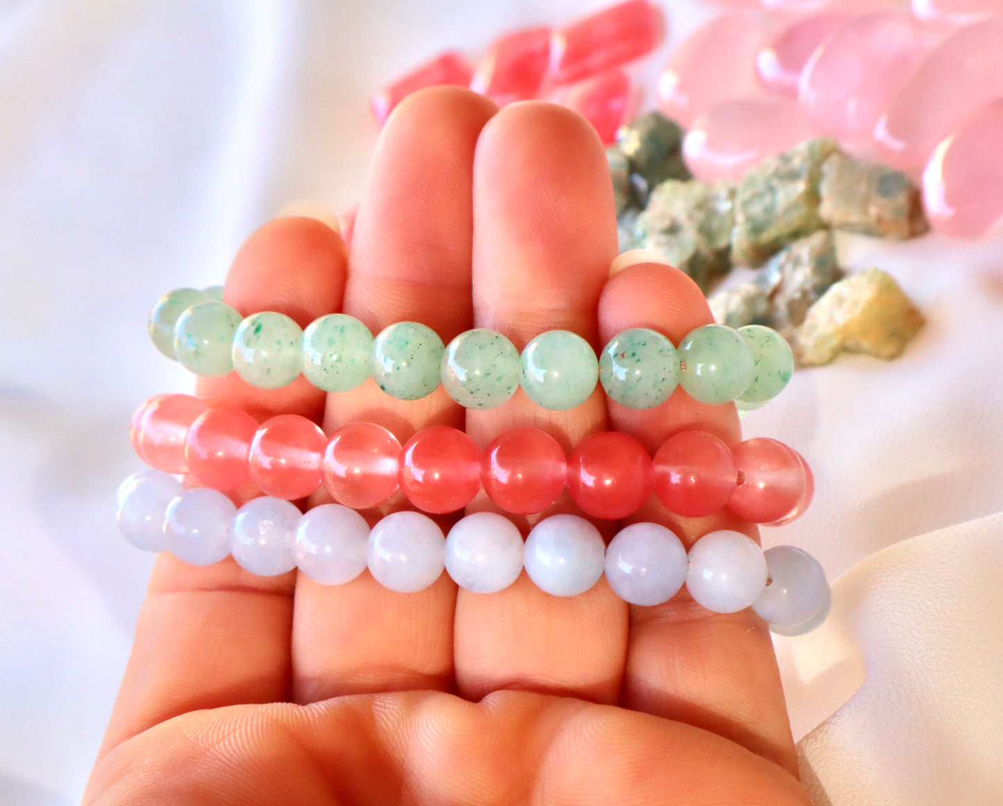 Aquamarine, Jade, & Cherry Rose Quartz Calm, Balance, and Love Triple Bracelet